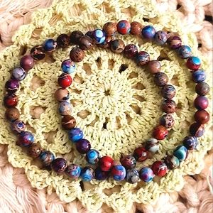 Set of 2 handmade Sea Sediment Jasper Turquoise natural stone bead bracelets.